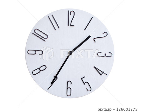 Minimalist Round Wall Clock Showing 01:35 or 13:35. Thin Black Numerals on White Wood Background. Minimalist Round Wall Clock Showing 01:35 or 13:35. Thin Black Numerals on White Wood Background. 126001275