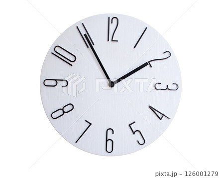 Minimalist Round Wall Clock Showing 01:55 or 13:55. Thin Black Numerals on White Wood Background. 126001279