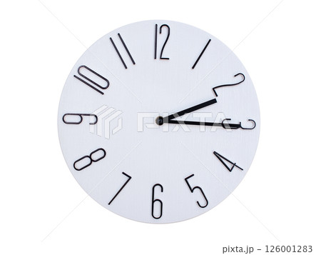 Minimalist Round Wall Clock Showing 02:15 or 14:15. Thin Black Numerals on White Wood Background. Minimalist Round Wall Clock Showing 02:15 or 14:15. Thin Black Numerals on White Wood Background. 126001283