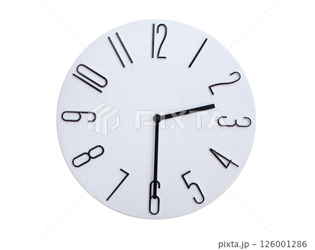 Minimalist Round Wall Clock Showing 02:30 or 14:30. Thin Black Numerals on White Wood Background. Minimalist Round Wall Clock Showing 02:30 or 14:30. Thin Black Numerals on White Wood Background. 126001286