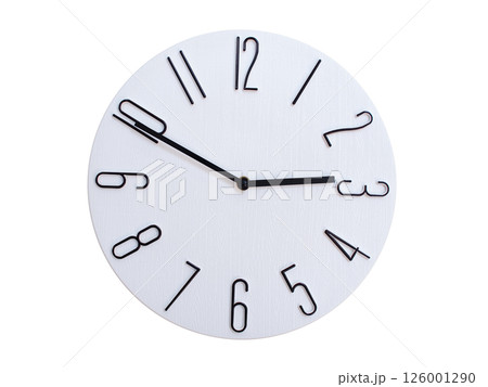 Minimalist Round Wall Clock Showing 02:50 or 14:50. Thin Black Numerals on White Wood Background. Minimalist Round Wall Clock Showing 02:50 or 14:50. Thin Black Numerals on White Wood Background. 126001290