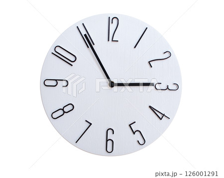 Minimalist Round Wall Clock Showing 02:55 or 14:55. Thin Black Numerals on White Wood Background. Minimalist Round Wall Clock Showing 02:55 or 14:55. Thin Black Numerals on White Wood Background. 126001291