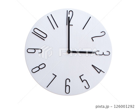 Minimalist Round Wall Clock Showing 03:00 or 15:00. Thin Black Numerals on White Wood Background. Minimalist Round Wall Clock Showing 03:00 or 15:00. Thin Black Numerals on White Wood Background. 126001292