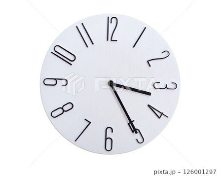 Minimalist Round Wall Clock Showing 03:25 or 15:25. Thin Black Numerals on White Wood Background. 126001297
