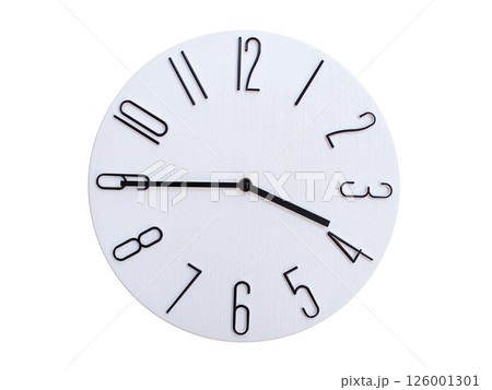 Minimalist Round Wall Clock Showing 03:45 or 15:45. Thin Black Numerals on White Wood Background. 126001301