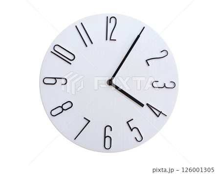 Minimalist Round Wall Clock Showing 04:05 or 16:05. Thin Black Numerals on White Wood Background. 126001305