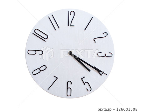 Minimalist Round Wall Clock Showing 04:20 or 16:20. Thin Black Numerals on White Wood Background. Minimalist Round Wall Clock Showing 04:20 or 16:20. Thin Black Numerals on White Wood Background. 126001308