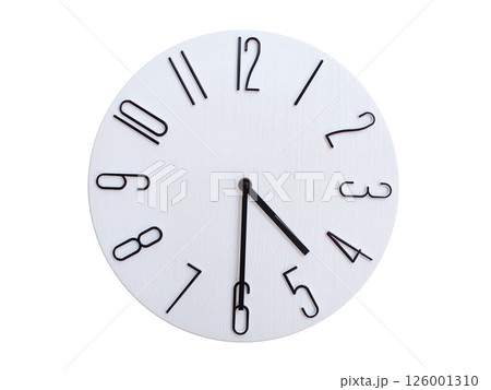 Minimalist Round Wall Clock Showing 04:30 or 16:30. Thin Black Numerals on White Wood Background. Minimalist Round Wall Clock Showing 04:30 or 16:30. Thin Black Numerals on White Wood Background. 126001310