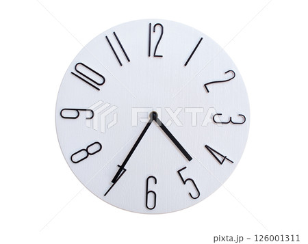 Minimalist Round Wall Clock Showing 04:35 or 16:35. Thin Black Numerals on White Wood Background. Minimalist Round Wall Clock Showing 04:35 or 16:35. Thin Black Numerals on White Wood Background. 126001311