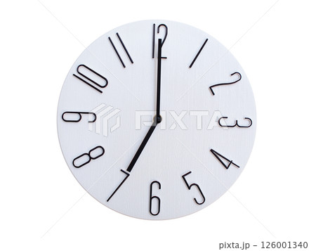 Minimalist Round Wall Clock Showing 07:00 or 19:00. Thin Black Numerals on White Wood Background. 126001340