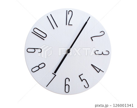 Minimalist Round Wall Clock Showing 07:05 or 19:05. Thin Black Numerals on White Wood Background. 126001341