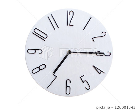 Minimalist Round Wall Clock Showing 07:15 or 19:15. Thin Black Numerals on White Wood Background. 126001343