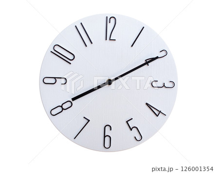 Minimalist Round Wall Clock Showing 08:10 or 20:10. Thin Black Numerals on White Wood Background. Minimalist Round Wall Clock Showing 08:10 or 20:10. Thin Black Numerals on White Wood Background. 126001354
