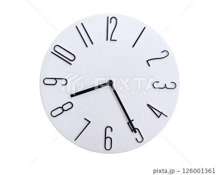 Minimalist Round Wall Clock Showing 08:25 or 20:25. Thin Black Numerals on White Wood Background. Minimalist Round Wall Clock Showing 08:25 or 20:25. Thin Black Numerals on White Wood Background. 126001361