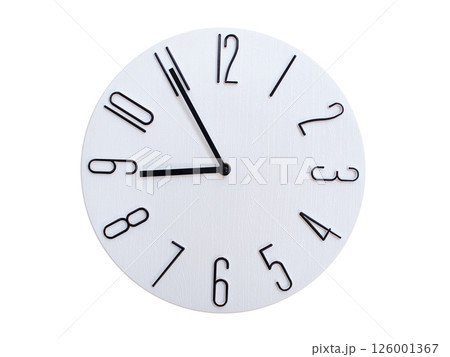 Minimalist Round Wall Clock Showing 08:55 or 20:55. Thin Black Numerals on White Wood Background. Minimalist Round Wall Clock Showing 08:55 or 20:55. Thin Black Numerals on White Wood Background. 126001367