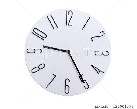 Minimalist Round Wall Clock Showing 09:25 or 21:25. Thin Black Numerals on White Wood Background. Minimalist Round Wall Clock Showing 09:25 or 21:25. Thin Black Numerals on White Wood Background. 126001373
