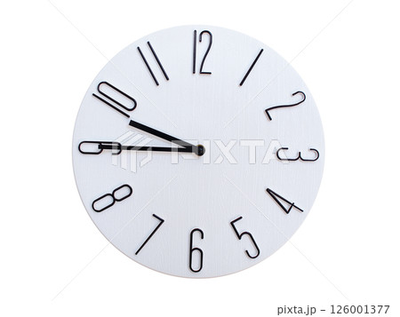 Minimalist Round Wall Clock Showing 09:45 or 21:45. Thin Black Numerals on White Wood Background. 126001377