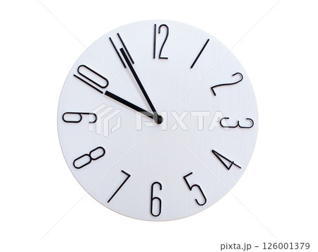 Minimalist Round Wall Clock Showing 09:55 or 21:55. Thin Black Numerals on White Wood Background. Minimalist Round Wall Clock Showing 09:55 or 21:55. Thin Black Numerals on White Wood Background. 126001379