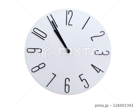Minimalist Round Wall Clock Showing 10:55 or 22:55. Thin Black Numerals on White Wood Background. 126001391