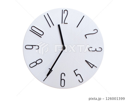 Minimalist Round Wall Clock Showing 11:35 or 23:35. Thin Black Numerals on White Wood Background. 126001399