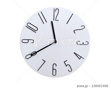 Minimalist Round Wall Clock Showing 11:40 or 23:40. Thin Black Numerals on White Wood Background. 126001400
