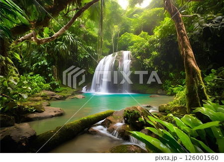 serene natural waterfall surrounded by peaceful, lush greenery.AI Generated 126001560