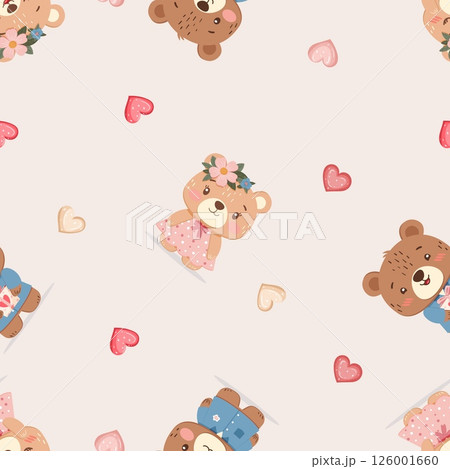 Seamless pattern with small teddy bears and hearts on beige background 126001660