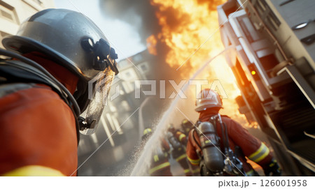 Firefighters tackling intense blaze with flames and smoke, emergency response 126001958