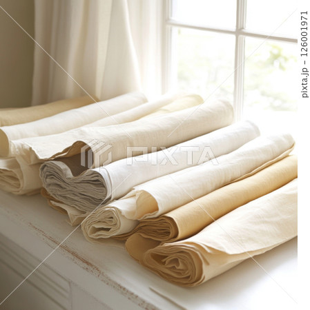Rolls of linen fabric in various neutral tones arranged on table, background Rolls of linen fabric in various neutral tones arranged on table, background 126001971