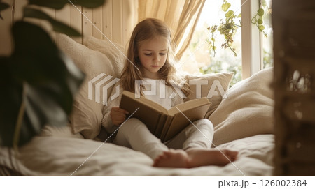 Young girl in white sweater absorbed in reading a book while nestled in a comfortable window seat, surrounded by pillows and natural light streaming through curtains 126002384