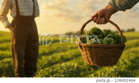 A hand holding a basket of fresh greens in a field at sunset, highlighting the abundance of nature 126002404