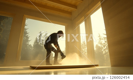 Silhouetted carpenter sanding wood in a sunlit workshop, capturing the essence of craftsmanship 126002454