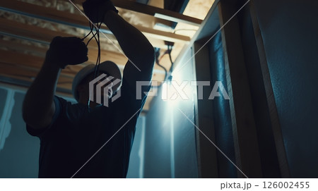 Electrician in a dimly lit space wiring a ceiling, demonstrating focus and technical expertise 126002455