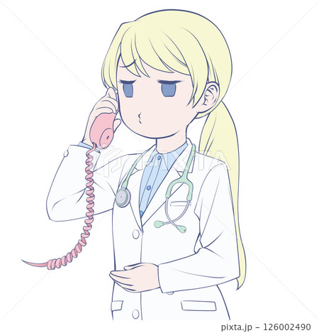 受話器を持って話す金髪の女性医師・むくれる 126002490