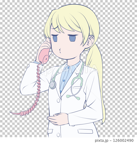 受話器を持って話す金髪の女性医師・むくれる 126002490