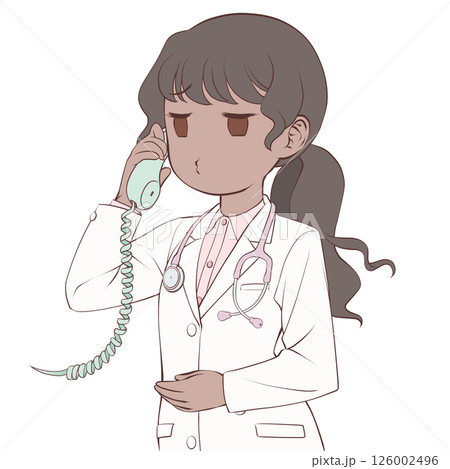 受話器を持って話す褐色肌の女性医師・むくれる 受話器を持って話す褐色肌の女性医師・むくれる 126002496