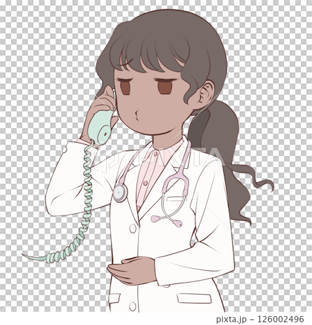 受話器を持って話す褐色肌の女性医師・むくれる 受話器を持って話す褐色肌の女性医師・むくれる 126002496