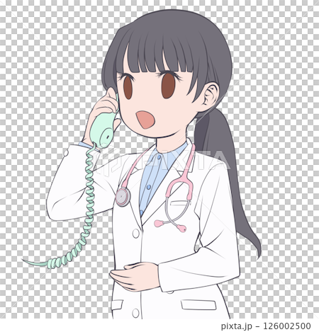 受話器を持って話す黒髪の女性医師・笑顔 受話器を持って話す黒髪の女性医師・笑顔 126002500