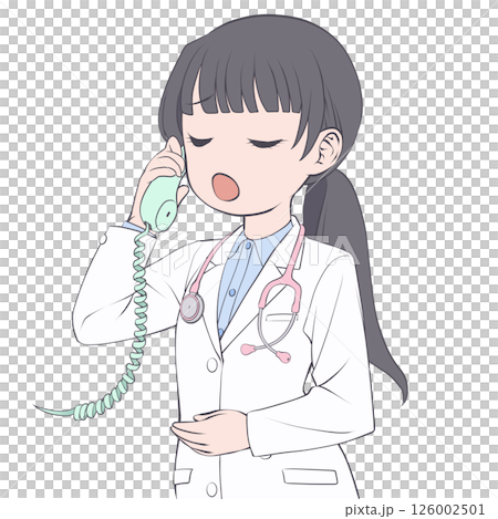 一位黑髮女醫生在電話裡說話,驚訝不已 一位黑髮女醫生在電話裡說話,驚訝不已 126002501