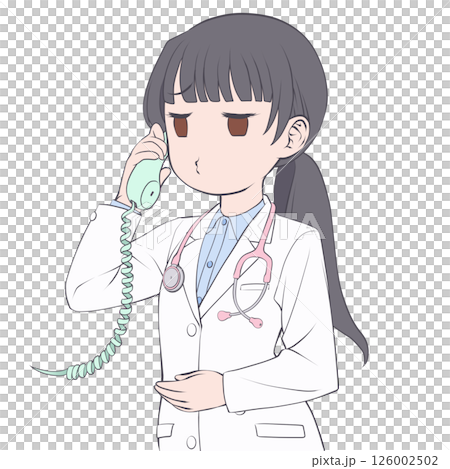 A black-haired female doctor talking on the phone, pouting A black-haired female doctor talking on the phone, pouting 126002502