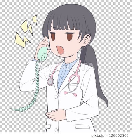 A black-haired female doctor talking on the phone, getting angry A black-haired female doctor talking on the phone, getting angry 126002503