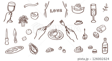 レストランでの食事やパーティの手書きのイラスト。祝日や記念日の料理。ディナーや昼食の食べ物とお酒。 126002824