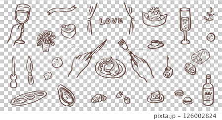 レストランでの食事やパーティの手書きのイラスト。祝日や記念日の料理。ディナーや昼食の食べ物とお酒。 126002824