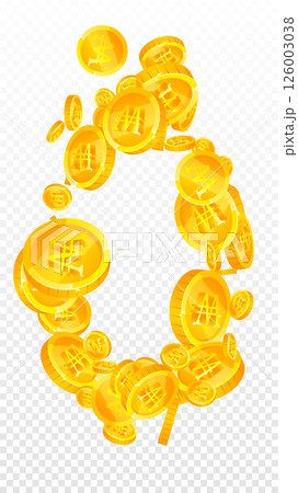Korean won coins falling. Scattered gold WON coins. Korea money. Global financial crisis concept. Vector illustration. Korean won coins falling. Scattered gold WON coins. Korea money. Global financial crisis concept. Vector illustration. 126003038