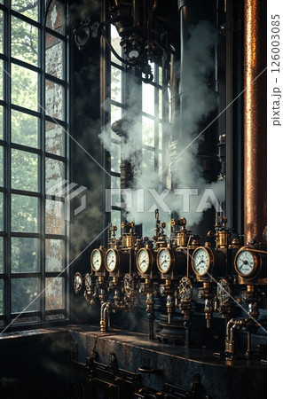 Industrial steampunk workshop interior with vintage steam valves and sunlit windows for historical design concepts Industrial steampunk workshop interior with vintage steam valves and sunlit windows for historical design concepts 126003085