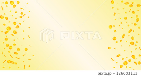 Chinese yuan coins falling. Scattered gold CNY coins. China money. Global financial crisis concept. Wide vector illustration. Chinese yuan coins falling. Scattered gold CNY coins. China money. Global financial crisis concept. Wide vector illustration. 126003113