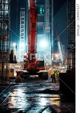 Nighttime urban construction site with heavy machinery and towering cranes illuminated by bright lights Nighttime urban construction site with heavy machinery and towering cranes illuminated by bright lights 126003127