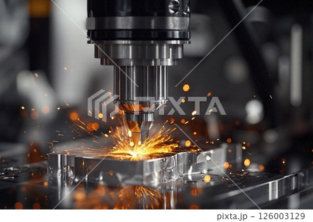 Precision cnc metal milling with sparks in industrial workshop for high-quality engineering craftsmanship and innovation design 126003129