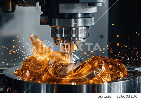 Precision cnc milling: advanced machining process with vibrant metal sparks and intricate details for engineering and manufacturing 126003130