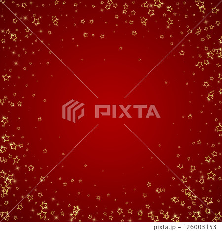 Christmas spirit. Scattered falling stars. Festive christmas confetty overlay template. Festive stars vector illustration on red background. 126003153